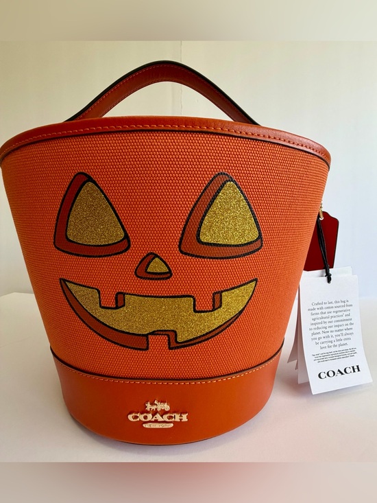 Coach Handbags - COACH 2024 Halloween Pumpkin Trick or Treat Bucket Bag Gold Glitter NWT CW533